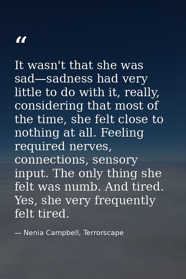 It wasn't that she was sad—sadness had very little to do with it, really, considering that most of the time, she felt cl — Nenia Campbell, Terrorscape