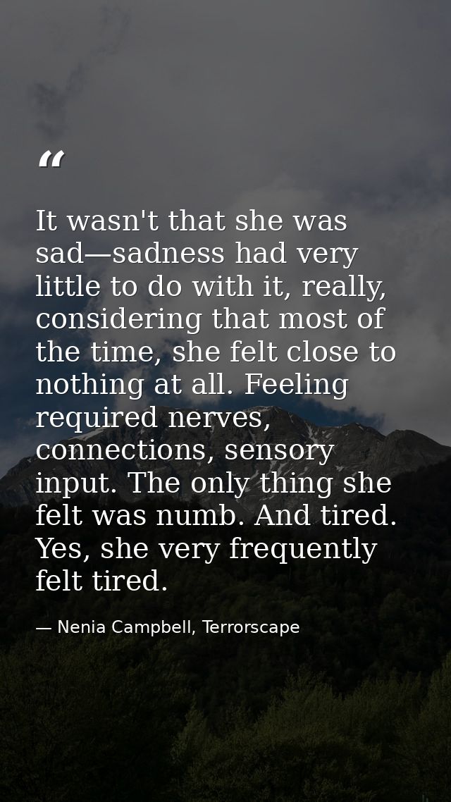 It wasn't that she was sad—sadness had very little to do with it, really, considering that most of the time, she felt cl — Nenia Campbell, Terrorscape