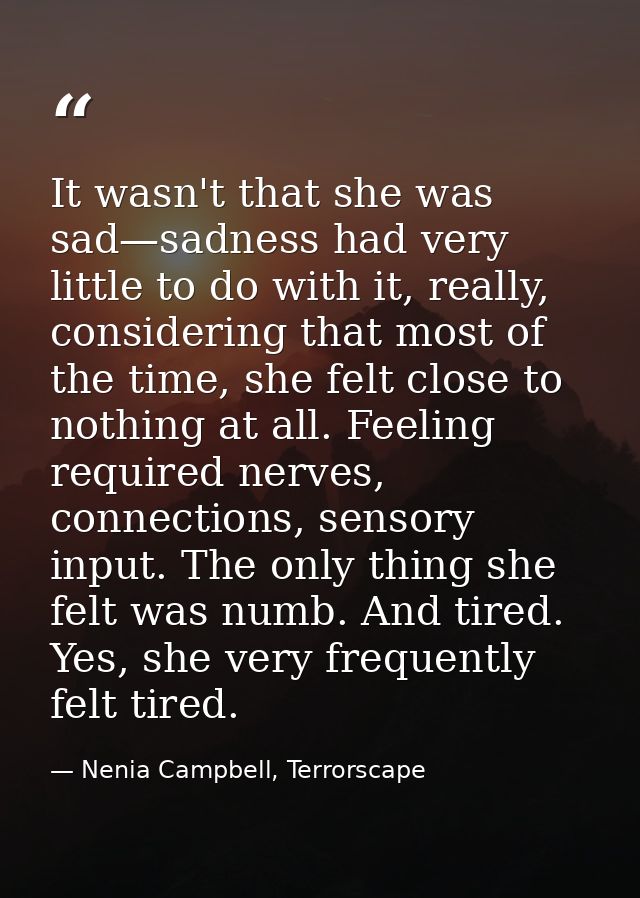 It wasn't that she was sad—sadness had very little to do with it, really, considering that most of the time, she felt cl — Nenia Campbell, Terrorscape