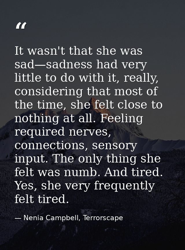 It wasn't that she was sad—sadness had very little to do with it, really, considering that most of the time, she felt cl — Nenia Campbell, Terrorscape