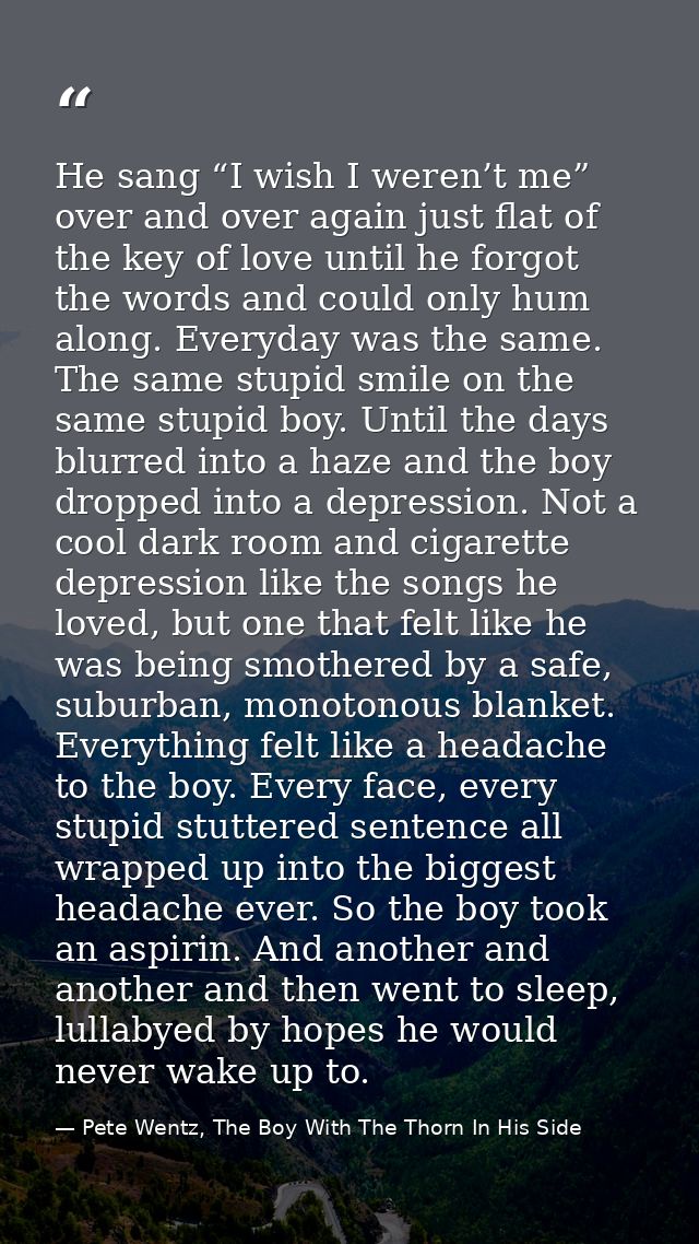 He sang “I wish I weren’t me” over and over again just flat of the key of love until he forgot the words and could only  — Pete Wentz, The Boy With The Thorn In His Side