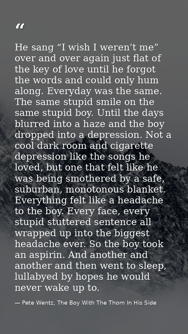 He sang “I wish I weren’t me” over and over again just flat of the key of love until he forgot the words and could only  — Pete Wentz, The Boy With The Thorn In His Side