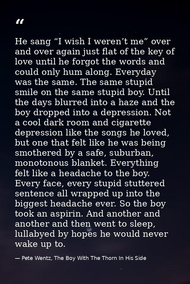 He sang “I wish I weren’t me” over and over again just flat of the key of love until he forgot the words and could only  — Pete Wentz, The Boy With The Thorn In His Side