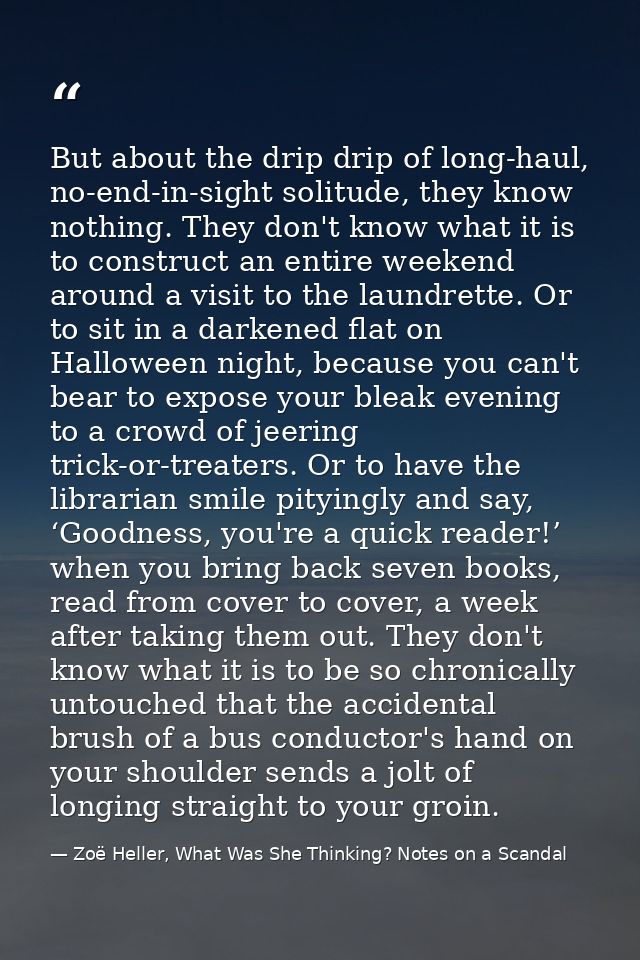 But about the drip drip of long-haul, no-end-in-sight solitude, they know nothing. They don't know what it is to constru — Zoë Heller, What Was She Thinking? Notes on a Scandal
