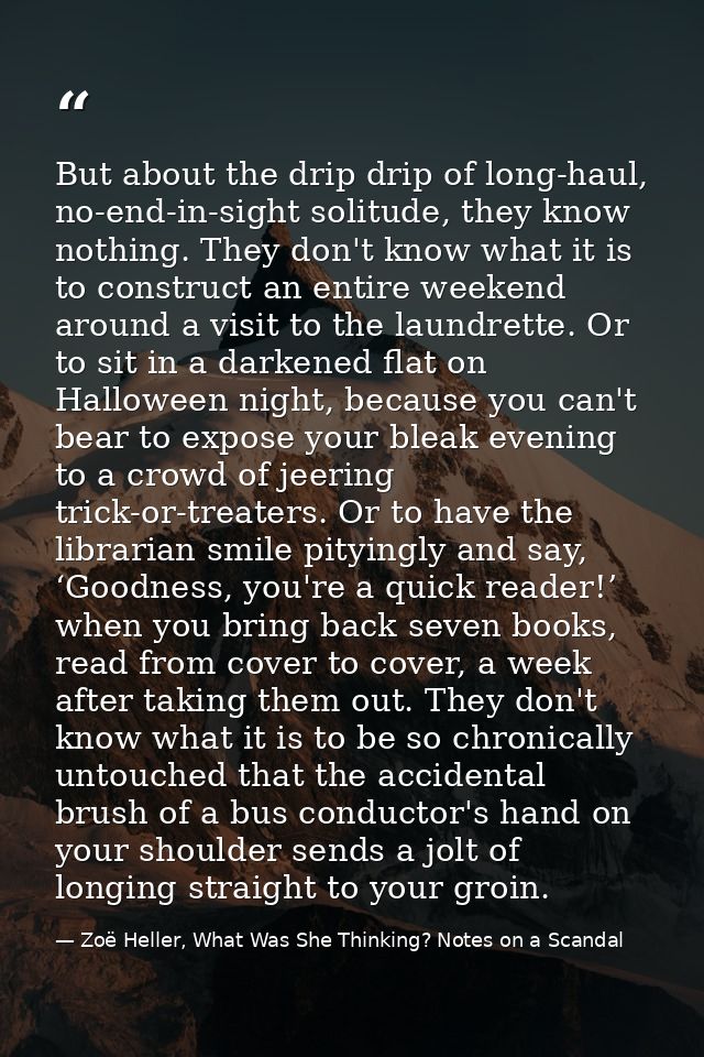 But about the drip drip of long-haul, no-end-in-sight solitude, they know nothing. They don't know what it is to constru — Zoë Heller, What Was She Thinking? Notes on a Scandal