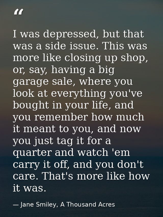 I was depressed, but that was a side issue. This was more like closing up shop, or, say, having a big garage sale, where — Jane Smiley, A Thousand Acres