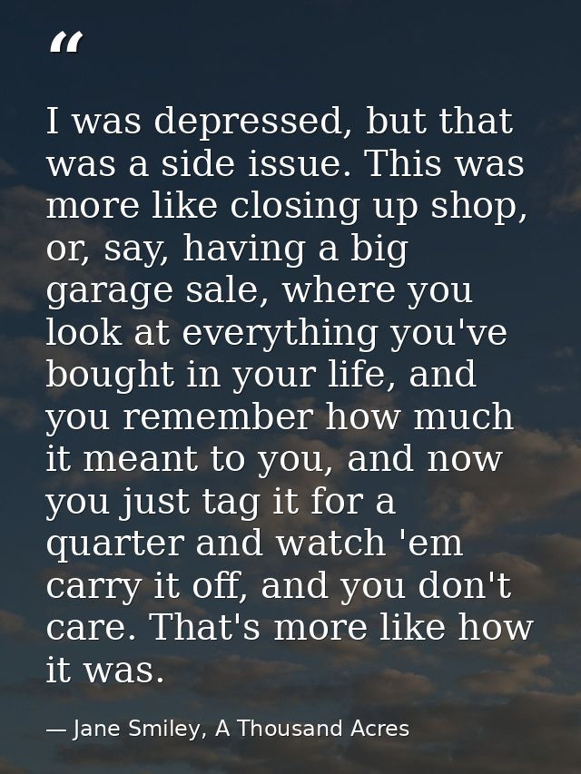 I was depressed, but that was a side issue. This was more like closing up shop, or, say, having a big garage sale, where — Jane Smiley, A Thousand Acres