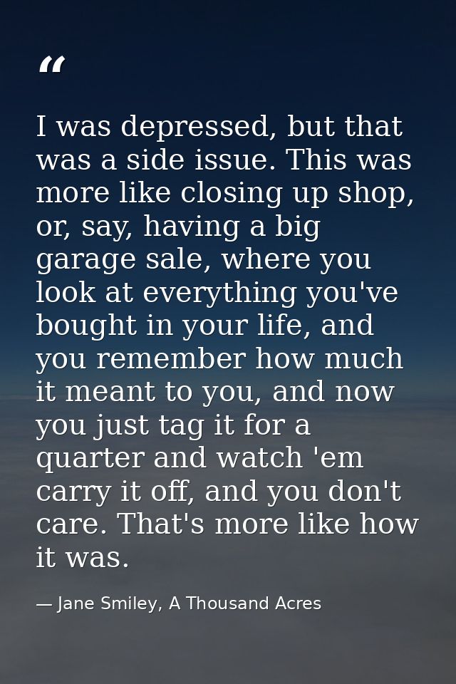 I was depressed, but that was a side issue. This was more like closing up shop, or, say, having a big garage sale, where — Jane Smiley, A Thousand Acres
