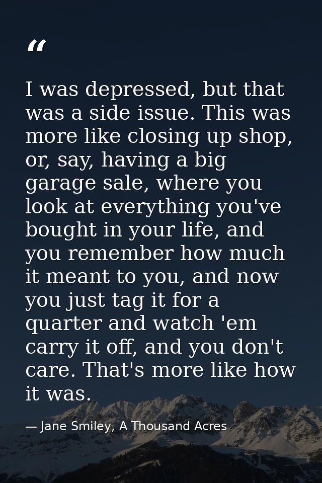 I was depressed, but that was a side issue. This was more like closing up shop, or, say, having a big garage sale, where — Jane Smiley, A Thousand Acres