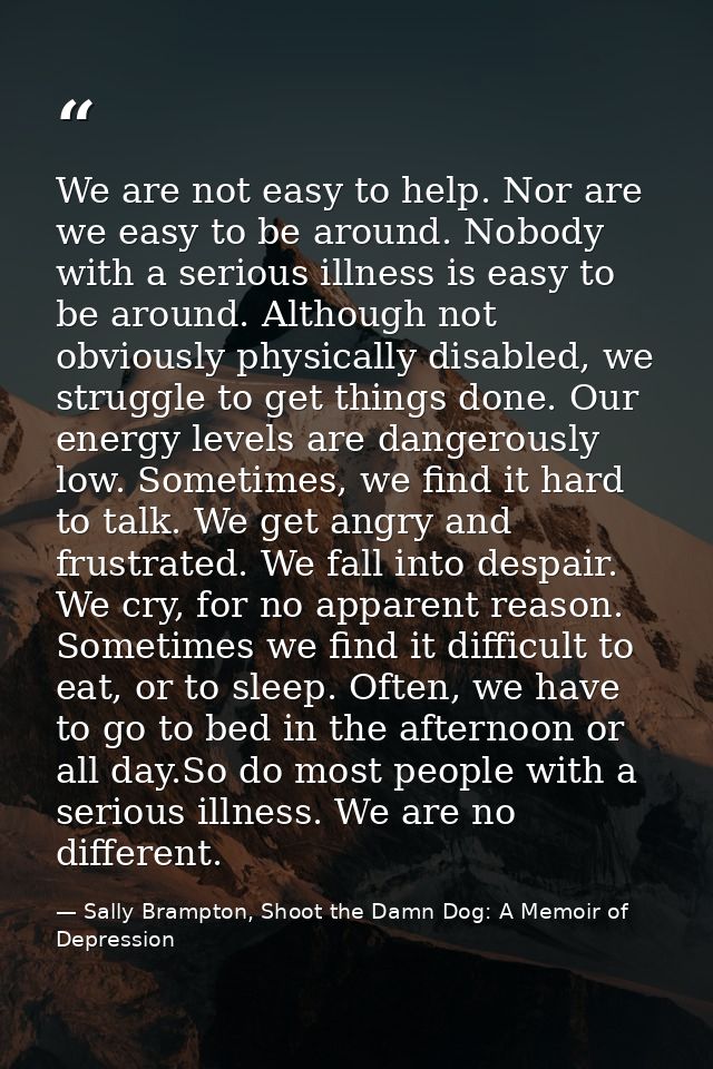 We are not easy to help. Nor are we easy to be around. Nobody with a serious illness is easy to be around. Although not  — Sally Brampton, Shoot the Damn Dog: A Memoir of Depression