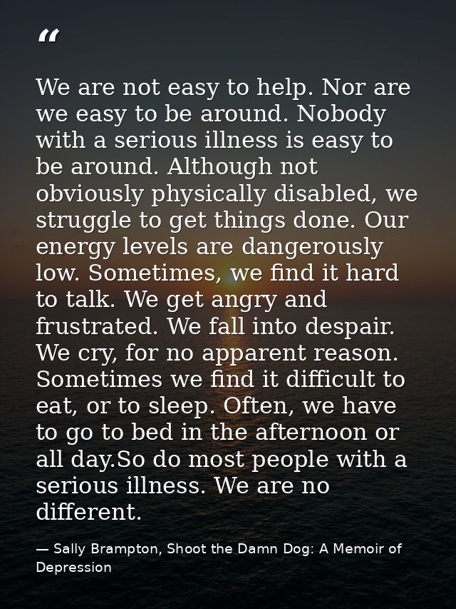 We are not easy to help. Nor are we easy to be around. Nobody with a serious illness is easy to be around. Although not  — Sally Brampton, Shoot the Damn Dog: A Memoir of Depression