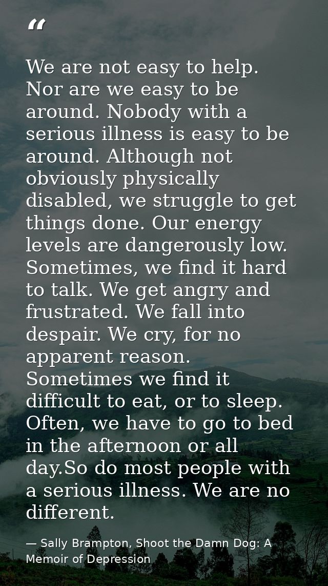 We are not easy to help. Nor are we easy to be around. Nobody with a serious illness is easy to be around. Although not  — Sally Brampton, Shoot the Damn Dog: A Memoir of Depression