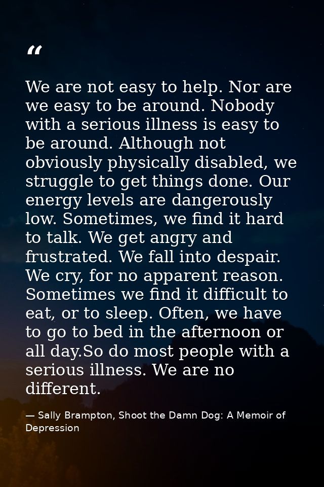 We are not easy to help. Nor are we easy to be around. Nobody with a serious illness is easy to be around. Although not  — Sally Brampton, Shoot the Damn Dog: A Memoir of Depression