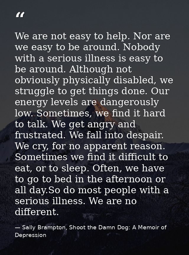 We are not easy to help. Nor are we easy to be around. Nobody with a serious illness is easy to be around. Although not  — Sally Brampton, Shoot the Damn Dog: A Memoir of Depression
