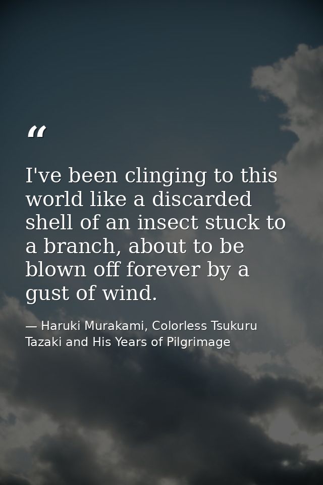 I've been clinging to this world like a discarded shell of an insect stuck to a branch, about to be blown off forever by — Haruki Murakami, Colorless Tsukuru Tazaki and His Years of Pilgrimage