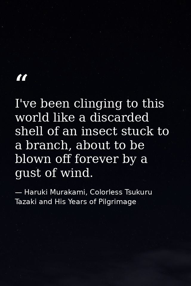 I've been clinging to this world like a discarded shell of an insect stuck to a branch, about to be blown off forever by — Haruki Murakami, Colorless Tsukuru Tazaki and His Years of Pilgrimage