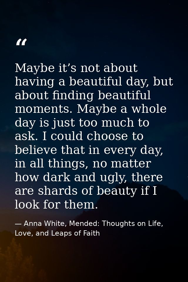Maybe it’s not about having a beautiful day, but about finding beautiful moments. Maybe a whole day is just too much to  — Anna White, Mended: Thoughts on Life, Love, and Leaps of Faith