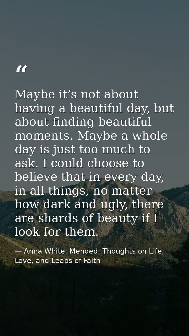 Maybe it’s not about having a beautiful day, but about finding beautiful moments. Maybe a whole day is just too much to  — Anna White, Mended: Thoughts on Life, Love, and Leaps of Faith