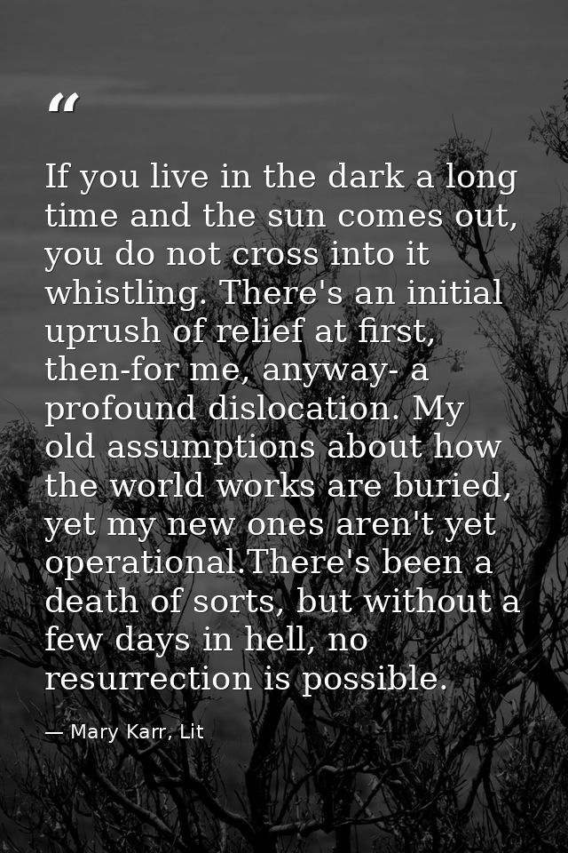 If you live in the dark a long time and the sun comes out, you do not cross into it whistling. There's an initial uprush — Mary Karr, Lit