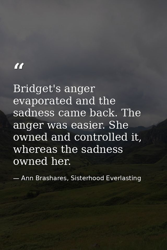 Bridget's anger evaporated and the sadness came back. The anger was easier. She owned and controlled it, whereas the sad — Ann Brashares, Sisterhood Everlasting