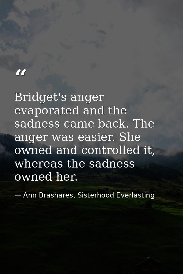 Bridget's anger evaporated and the sadness came back. The anger was easier. She owned and controlled it, whereas the sad — Ann Brashares, Sisterhood Everlasting