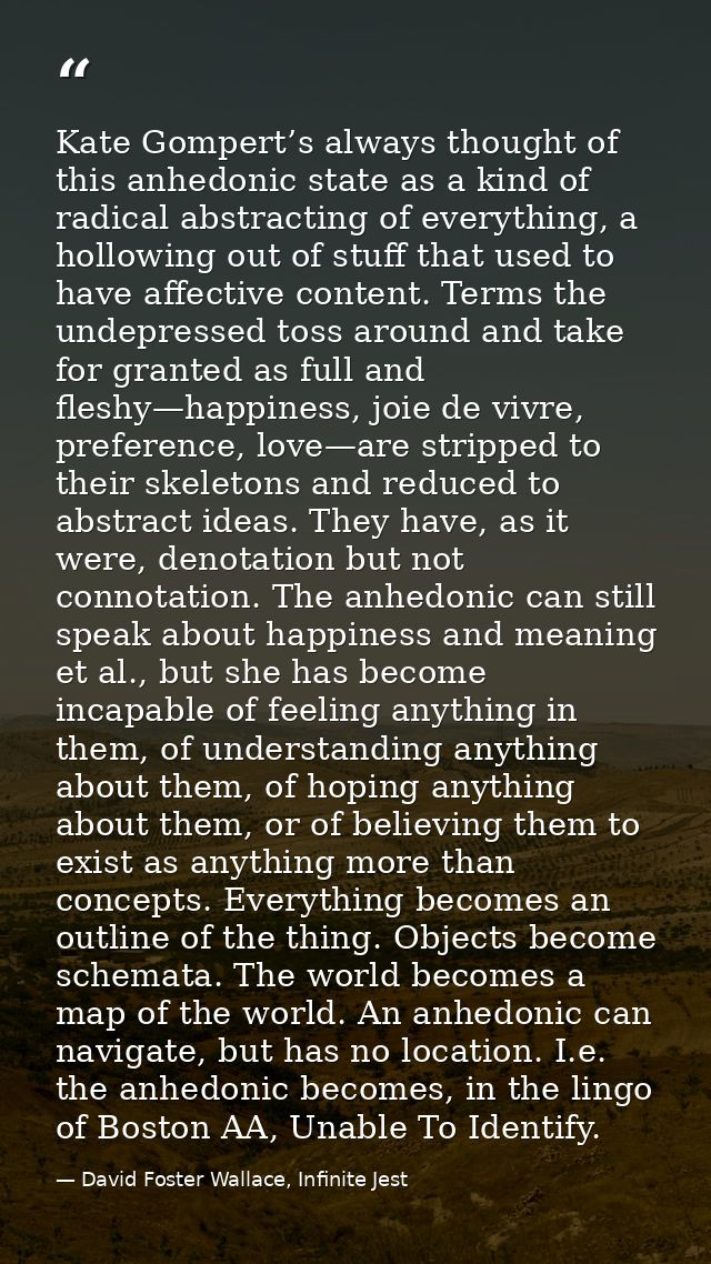 Kate Gompert’s always thought of this anhedonic state as a kind of radical abstracting of everything, a hollowing out of — David Foster Wallace, Infinite Jest