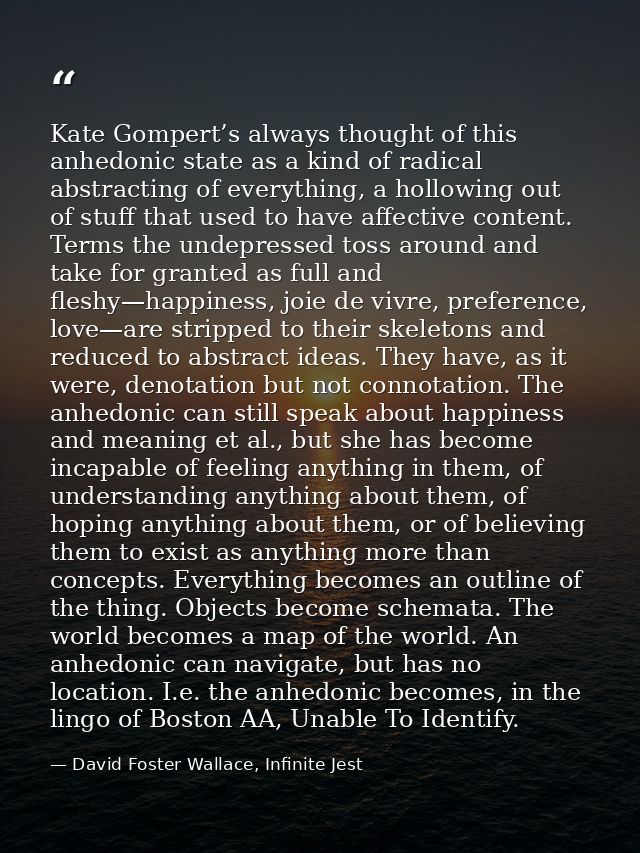 Kate Gompert’s always thought of this anhedonic state as a kind of radical abstracting of everything, a hollowing out of — David Foster Wallace, Infinite Jest
