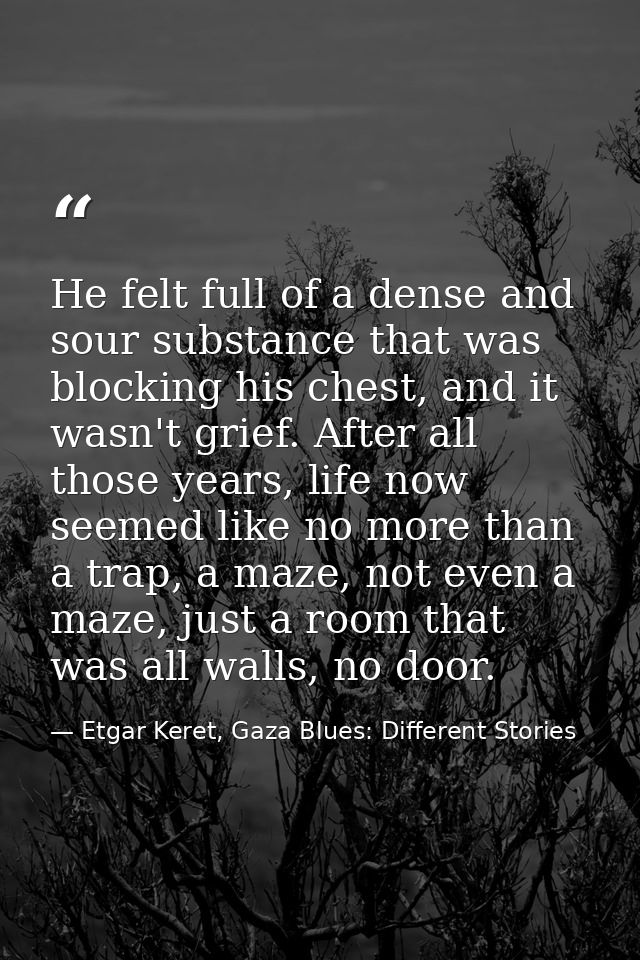 He felt full of a dense and sour substance that was blocking his chest, and it wasn't grief. After all those years, life — Etgar Keret, Gaza Blues: Different Stories