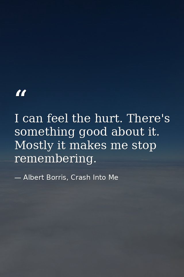 I can feel the hurt. There's something good about it. Mostly it makes me stop remembering. — Albert Borris, Crash Into Me