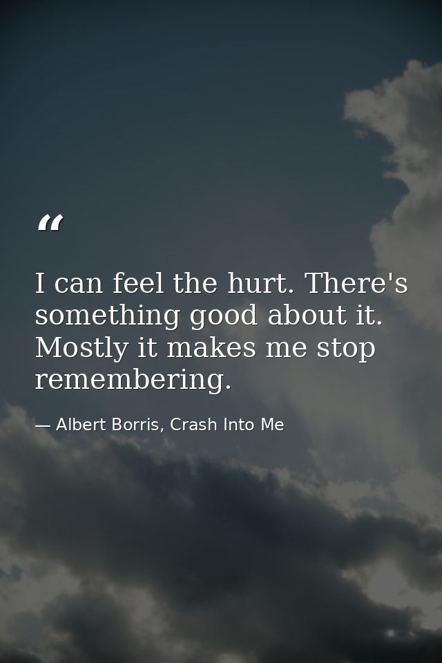 I can feel the hurt. There's something good about it. Mostly it makes me stop remembering. — Albert Borris, Crash Into Me