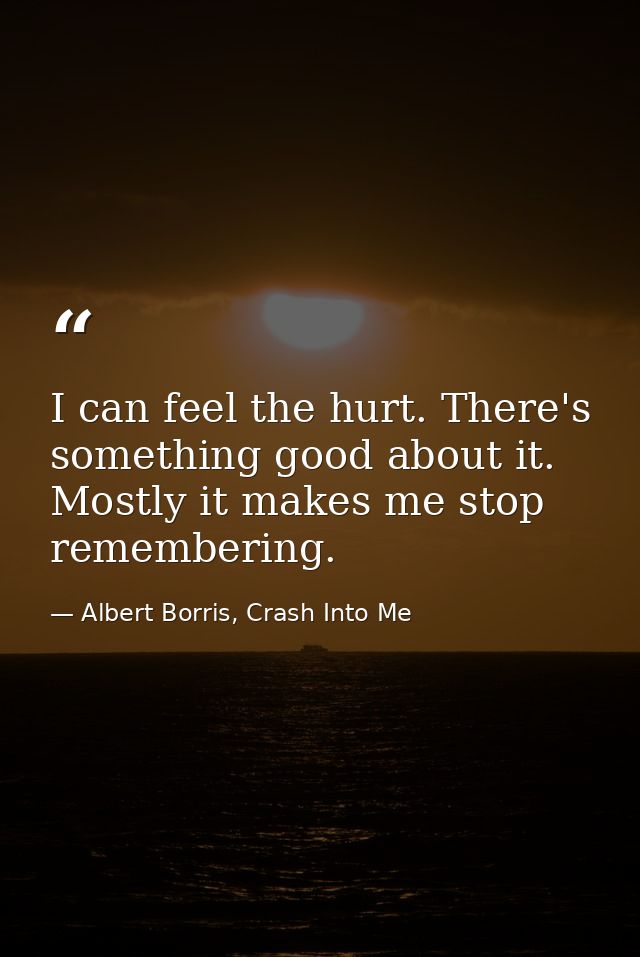 I can feel the hurt. There's something good about it. Mostly it makes me stop remembering. — Albert Borris, Crash Into Me