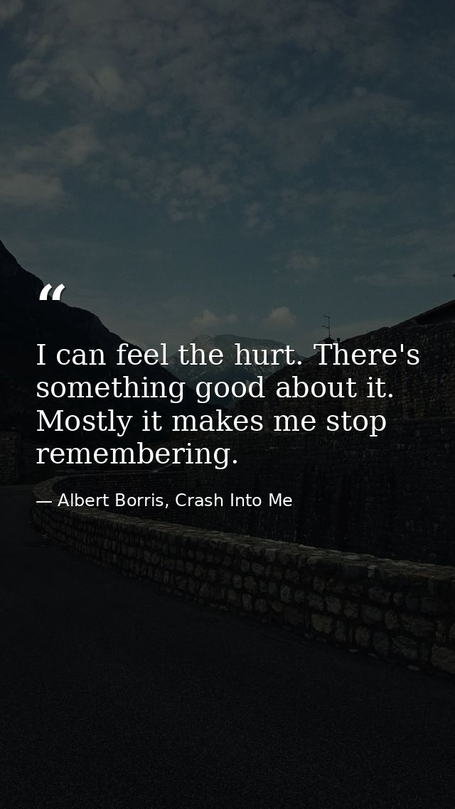 I can feel the hurt. There's something good about it. Mostly it makes me stop remembering. — Albert Borris, Crash Into Me