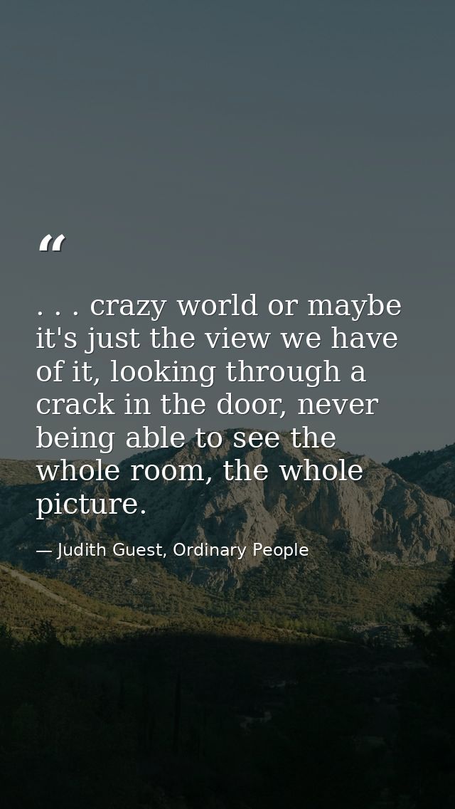 . . . crazy world or maybe it's just the view we have of it, looking through a crack in the door, never being able to se — Judith Guest, Ordinary People
