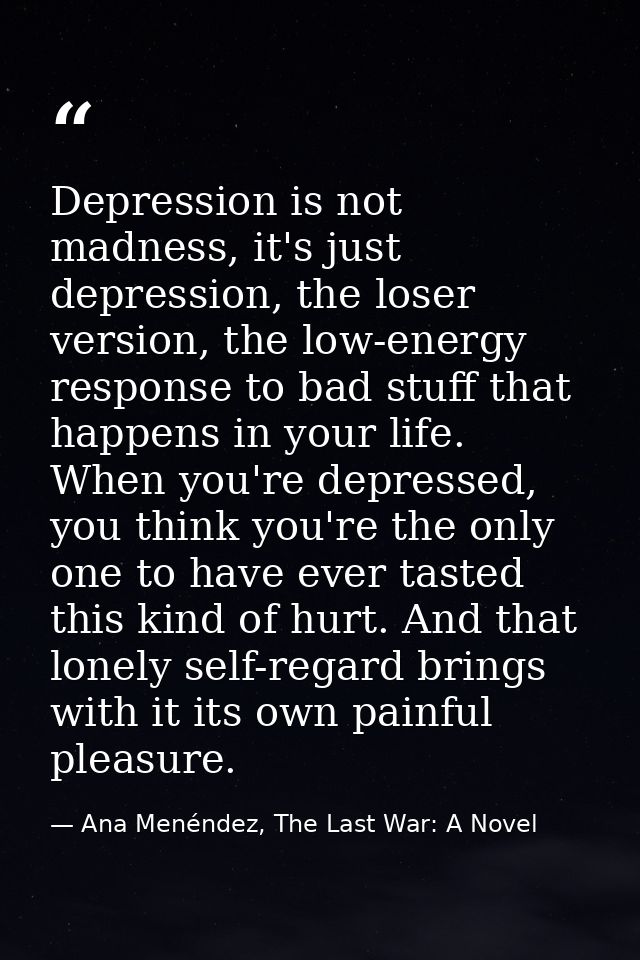 Depression is not madness, it's just depression, the loser version, the low-energy response to bad stuff that happens in — Ana Menéndez, The Last War: A Novel