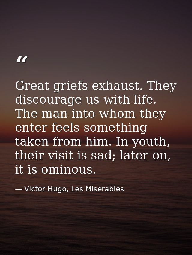 Great griefs exhaust. They discourage us with life. The man into whom they enter feels something taken from him. In yout — Victor Hugo, Les Misérables
