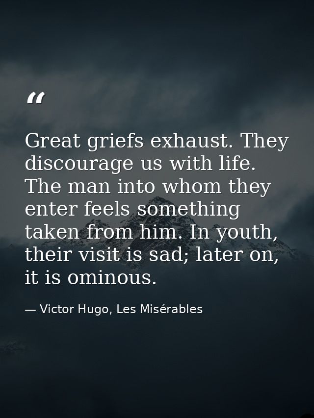 Great griefs exhaust. They discourage us with life. The man into whom they enter feels something taken from him. In yout — Victor Hugo, Les Misérables