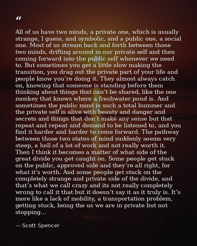 All of us have two minds, a private one, which is usually strange, I guess, and symbolic, and a public one, a social one — Scott Spencer