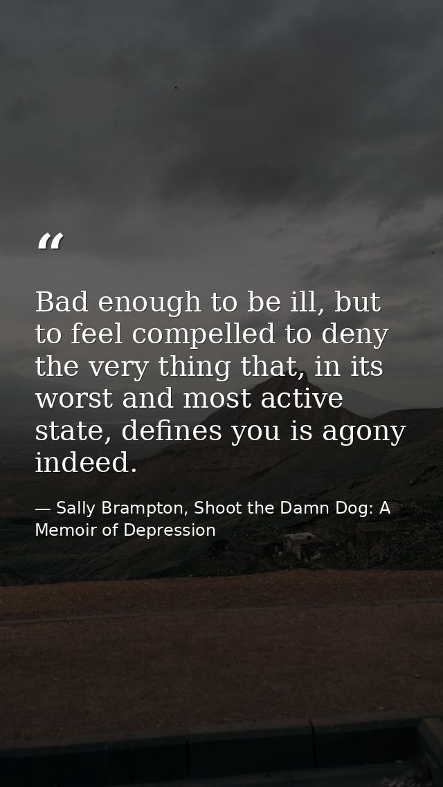 Bad enough to be ill, but to feel compelled to deny the very thing that, in its worst and most active state, defines you — Sally Brampton, Shoot the Damn Dog: A Memoir of Depression