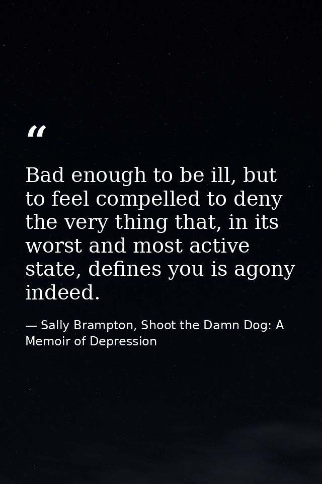 Bad enough to be ill, but to feel compelled to deny the very thing that, in its worst and most active state, defines you — Sally Brampton, Shoot the Damn Dog: A Memoir of Depression