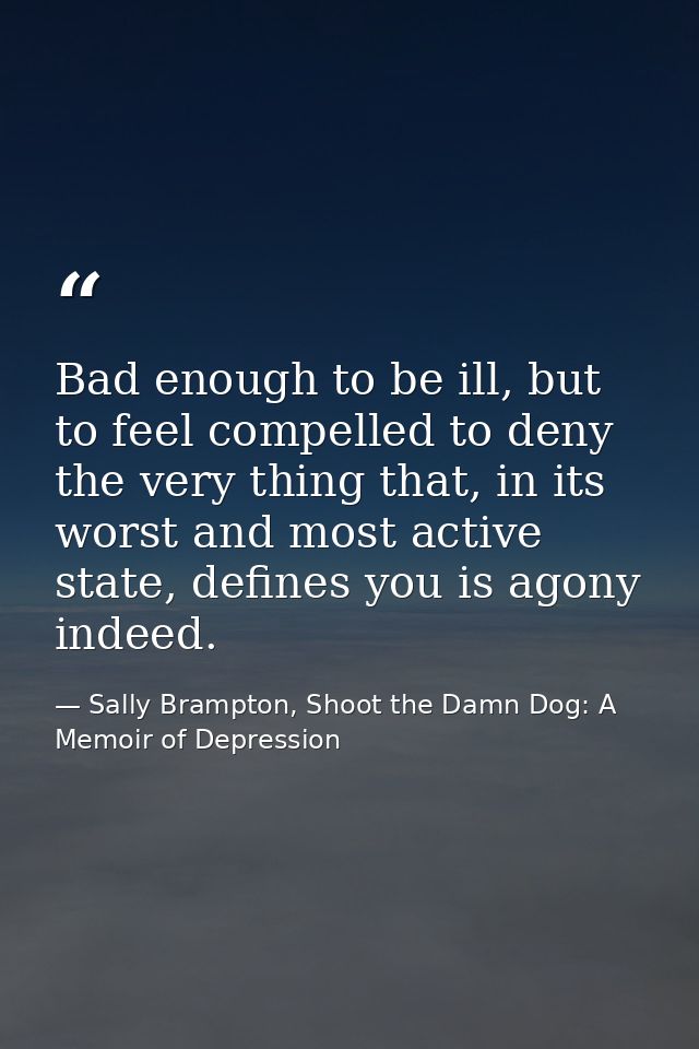 Bad enough to be ill, but to feel compelled to deny the very thing that, in its worst and most active state, defines you — Sally Brampton, Shoot the Damn Dog: A Memoir of Depression