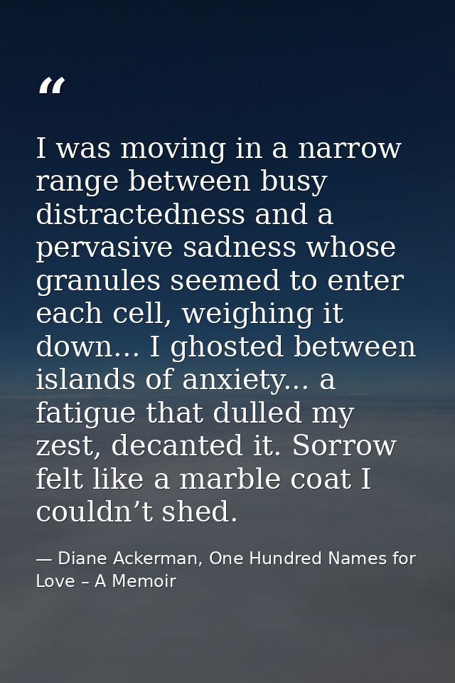 I was moving in a narrow range between busy distractedness and a pervasive sadness whose granules seemed to enter each c — Diane Ackerman, One Hundred Names for Love – A Memoir