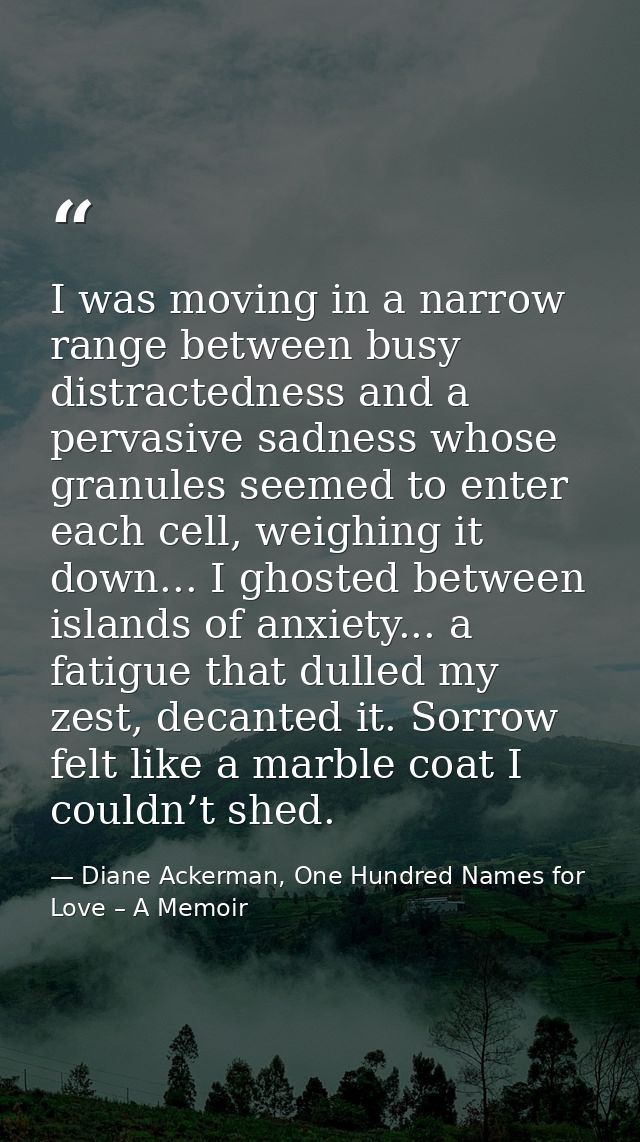I was moving in a narrow range between busy distractedness and a pervasive sadness whose granules seemed to enter each c — Diane Ackerman, One Hundred Names for Love – A Memoir
