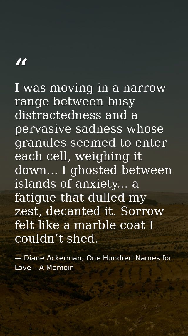 I was moving in a narrow range between busy distractedness and a pervasive sadness whose granules seemed to enter each c — Diane Ackerman, One Hundred Names for Love – A Memoir