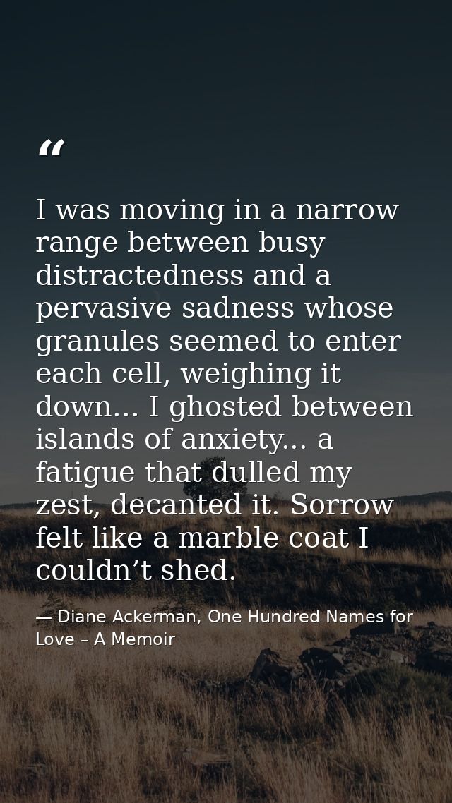 I was moving in a narrow range between busy distractedness and a pervasive sadness whose granules seemed to enter each c — Diane Ackerman, One Hundred Names for Love – A Memoir