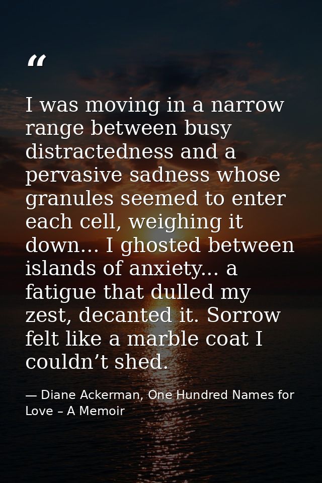 I was moving in a narrow range between busy distractedness and a pervasive sadness whose granules seemed to enter each c — Diane Ackerman, One Hundred Names for Love – A Memoir