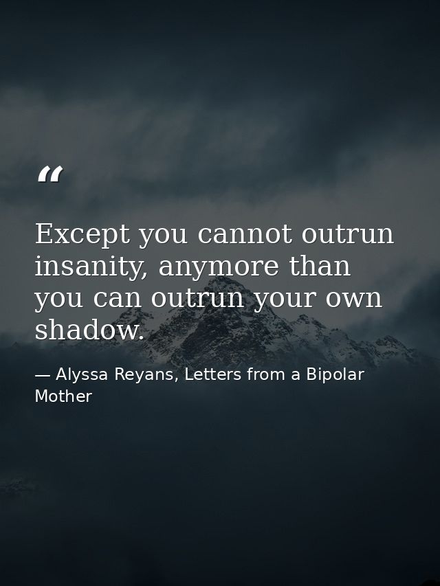 Except you cannot outrun insanity, anymore than you can outrun your own shadow. — Alyssa Reyans, Letters from a Bipolar Mother