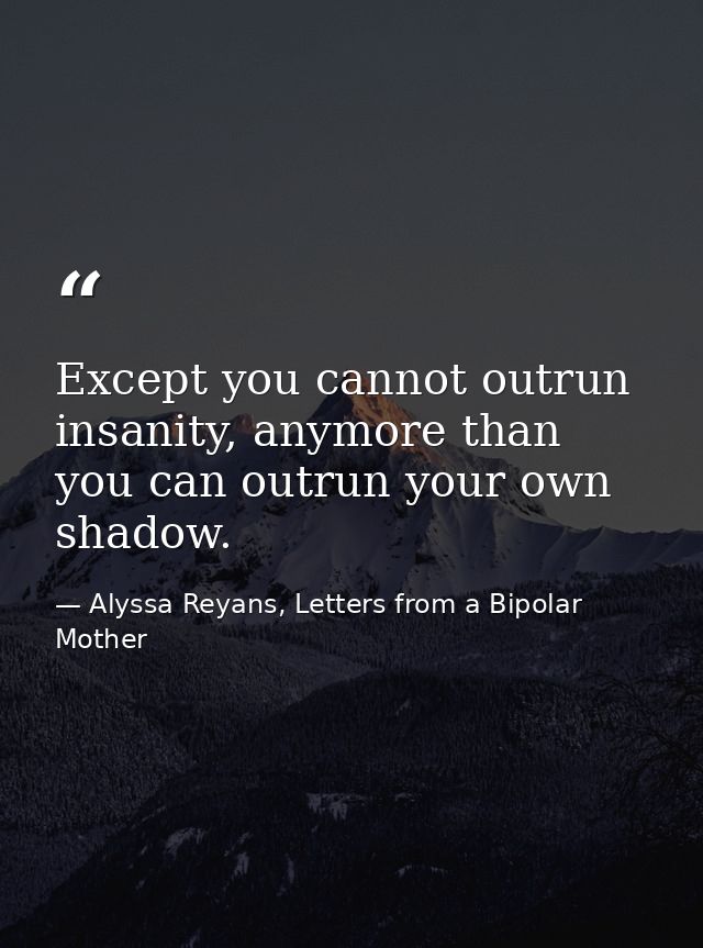 Except you cannot outrun insanity, anymore than you can outrun your own shadow. — Alyssa Reyans, Letters from a Bipolar Mother