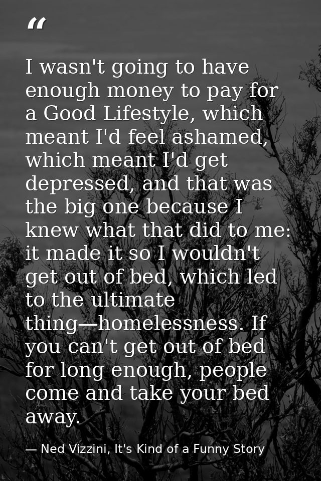 I wasn't going to have enough money to pay for a Good Lifestyle, which meant I'd feel ashamed, which meant I'd get depre — Ned Vizzini, It's Kind of a Funny Story