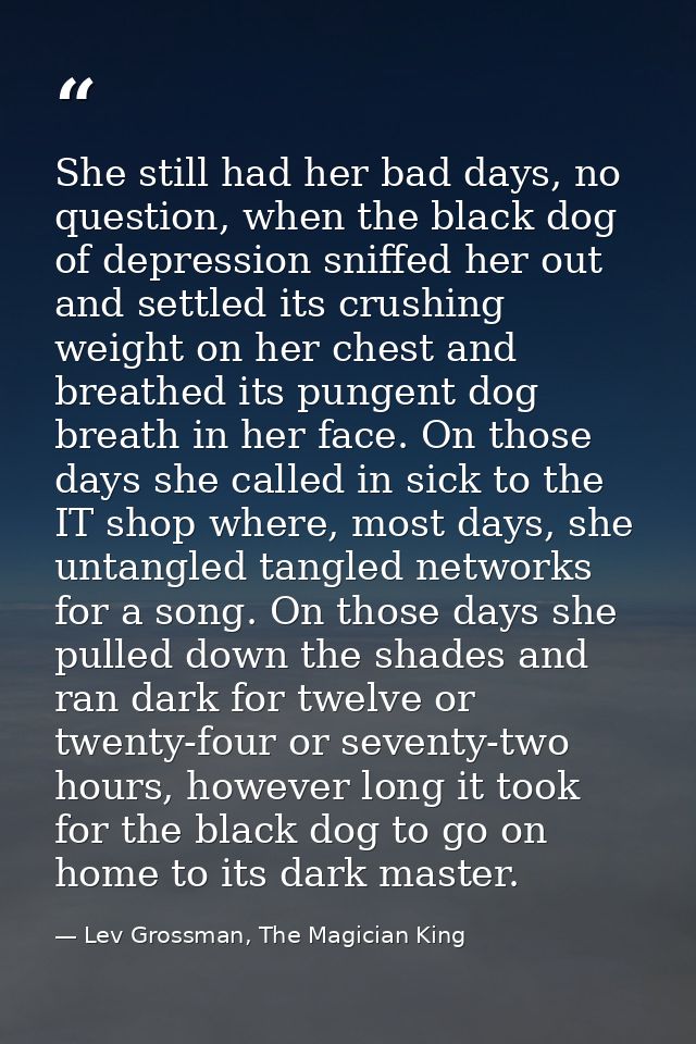 She still had her bad days, no question, when the black dog of depression sniffed her out and settled its crushing weigh — Lev Grossman, The Magician King