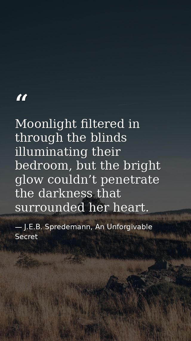 Moonlight filtered in through the blinds illuminating their bedroom, but the bright glow couldn’t penetrate the darkness — J.E.B. Spredemann, An Unforgivable Secret